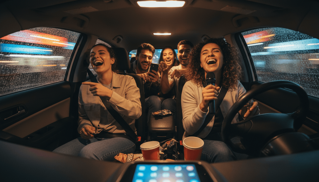 Passenger holding a microphone and laughing with friends during a nighttime SUV ride