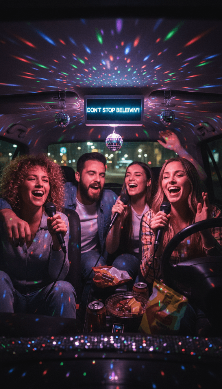 Friends singing into microphones inside an SUV with colorful disco lights
