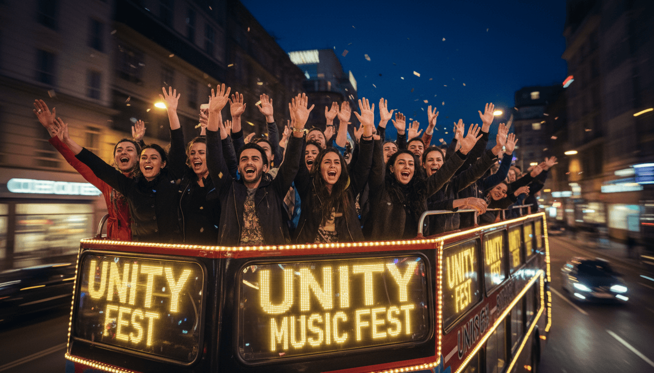Cheerful crowd waving hands while singing together in the vehicle at night