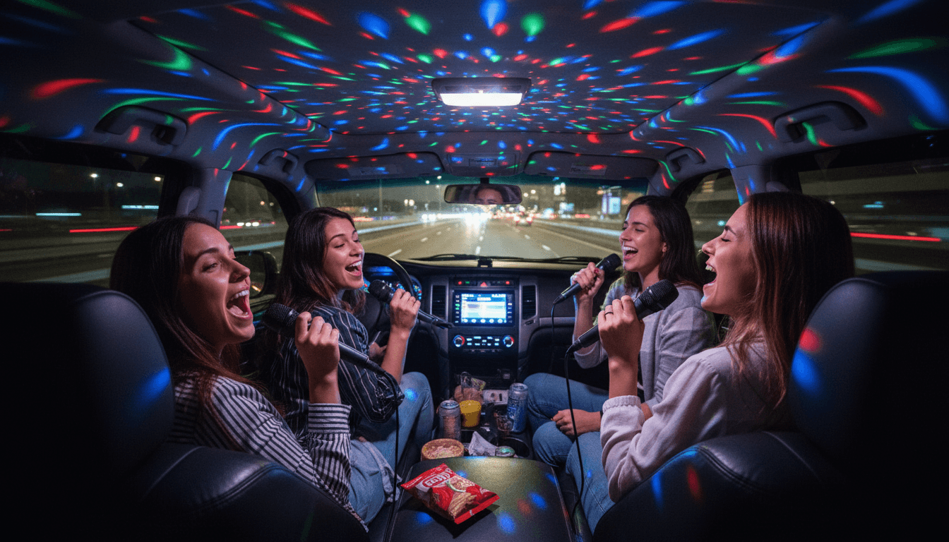 Group of friends singing into microphones in a party SUV with disco lights