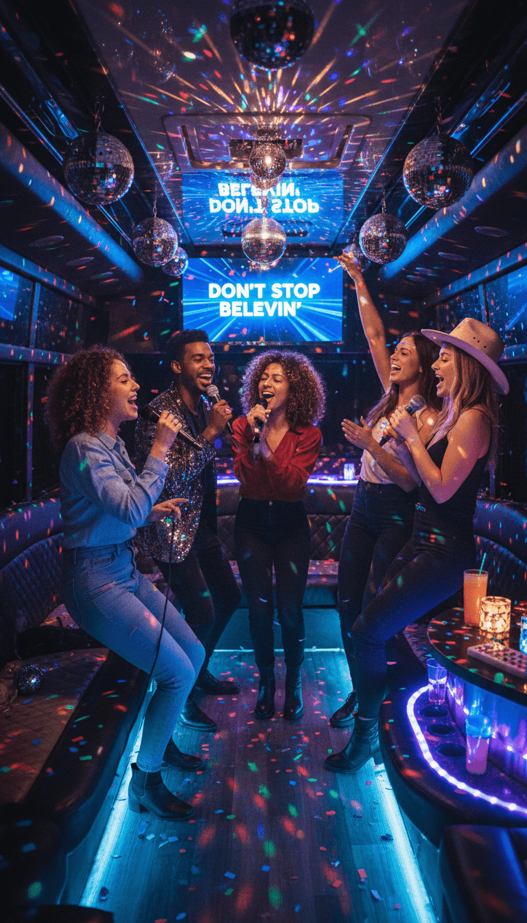 Friends singing karaoke with disco lights inside a party vehicle