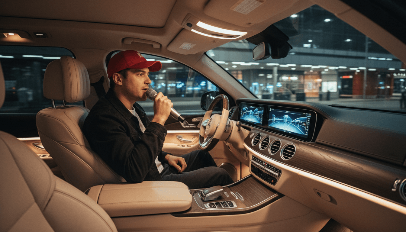 Man in a red hat holding a microphone inside the illuminated party SUV