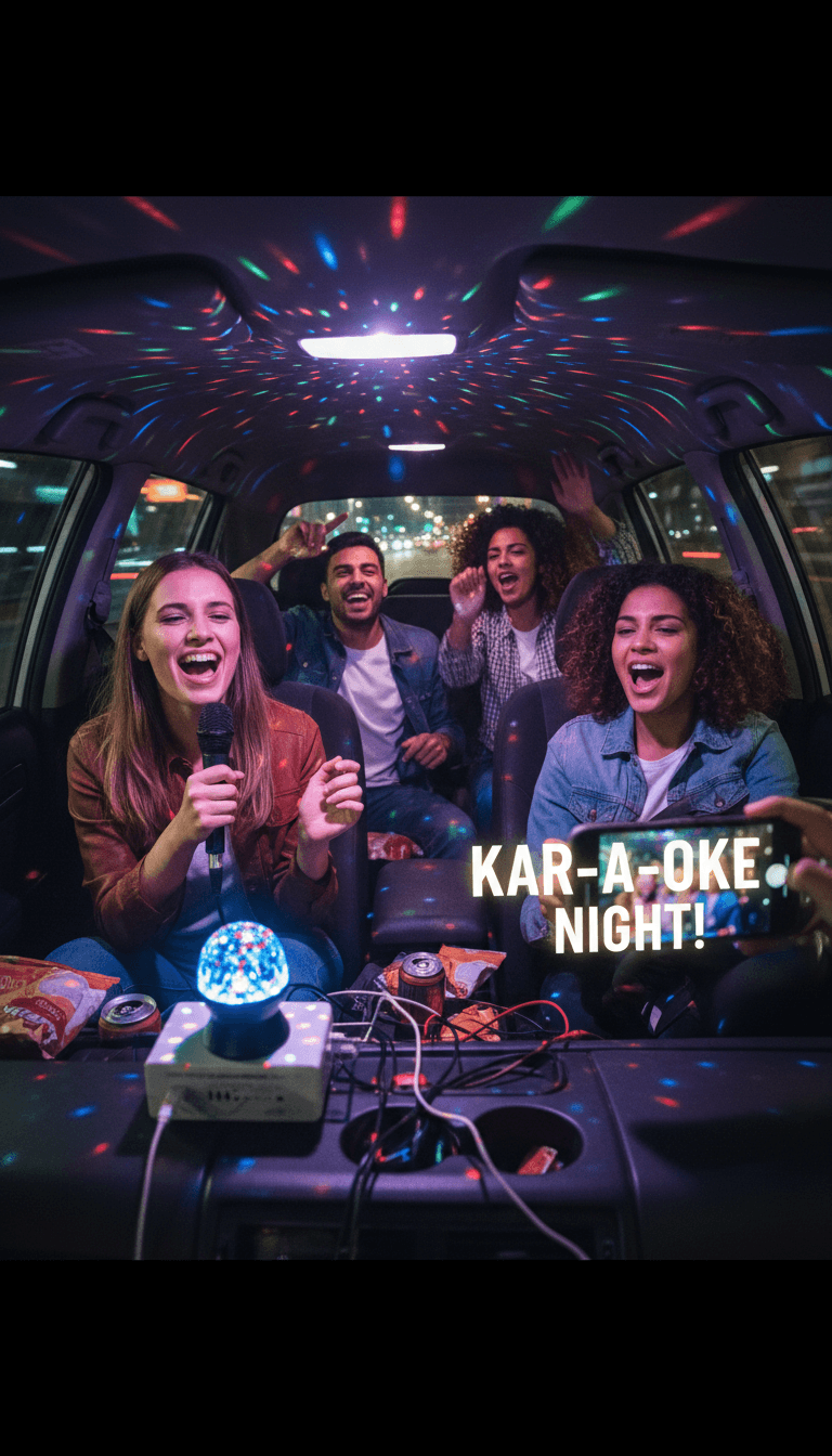 Group of friends laughing and singing with microphones inside an SUV filled with colorful disco lights