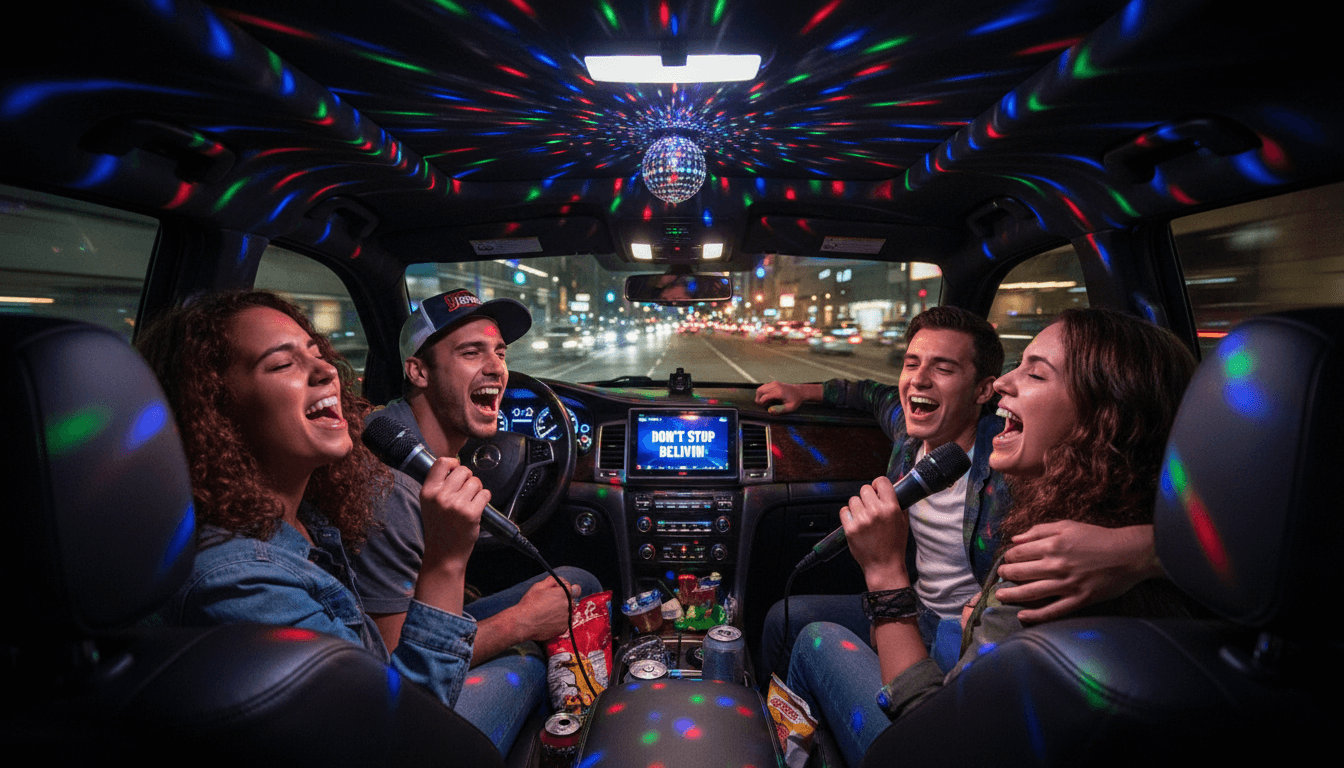 Group of friends singing karaoke inside an SUV with colorful disco lights