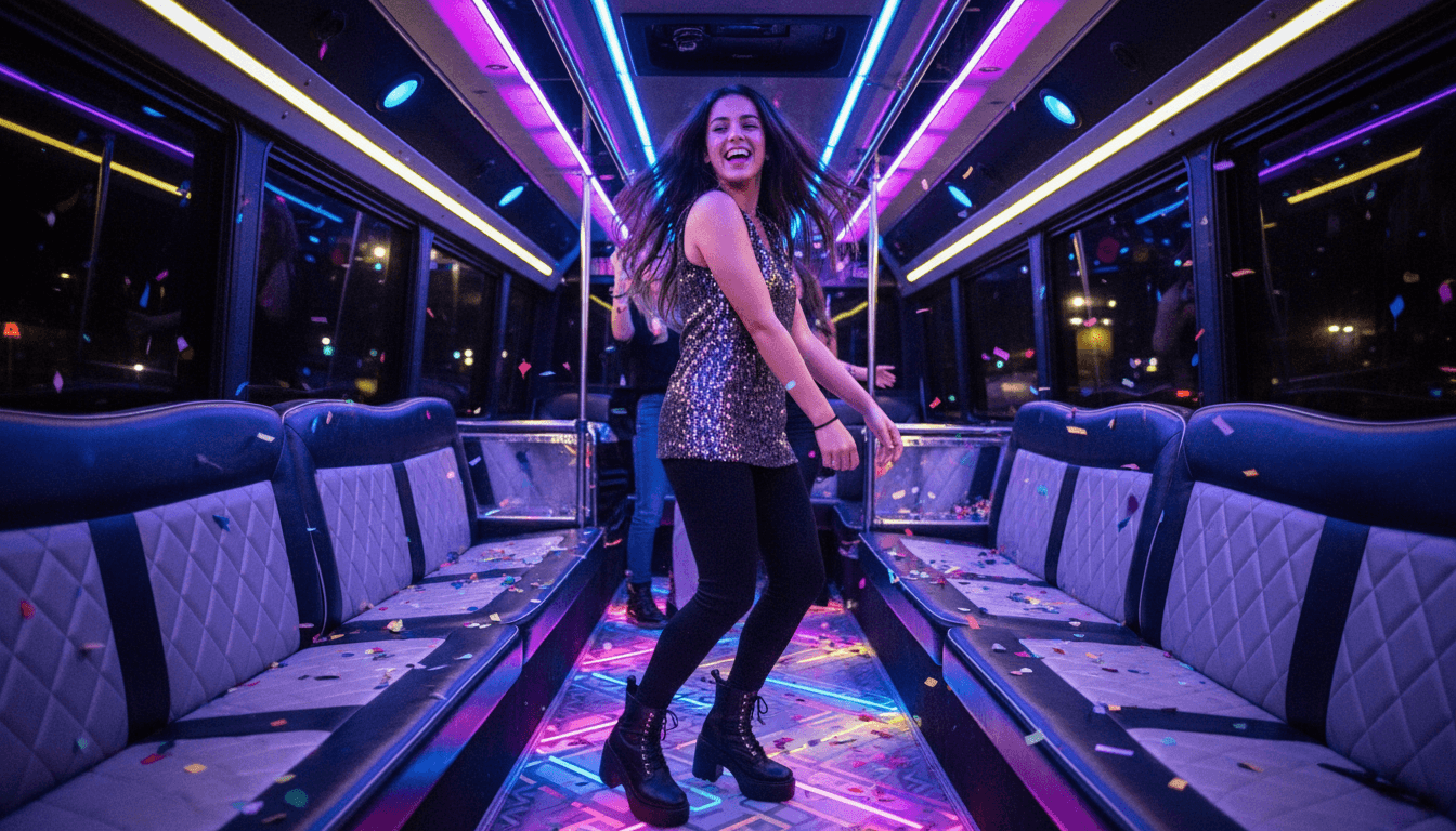 Woman dancing in her seat as colorful interior lights flash through the party SUV