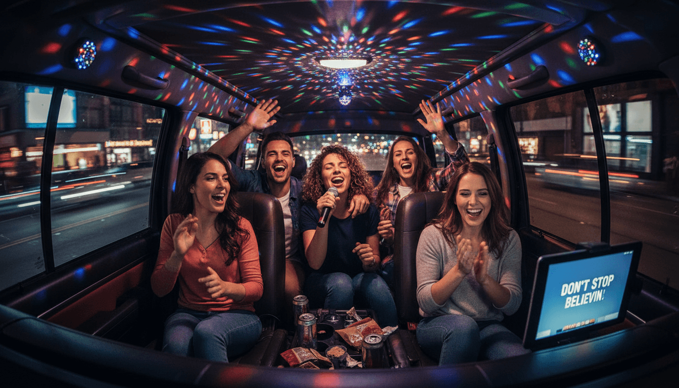 Group of friends singing karaoke in a vehicle with colorful disco lights