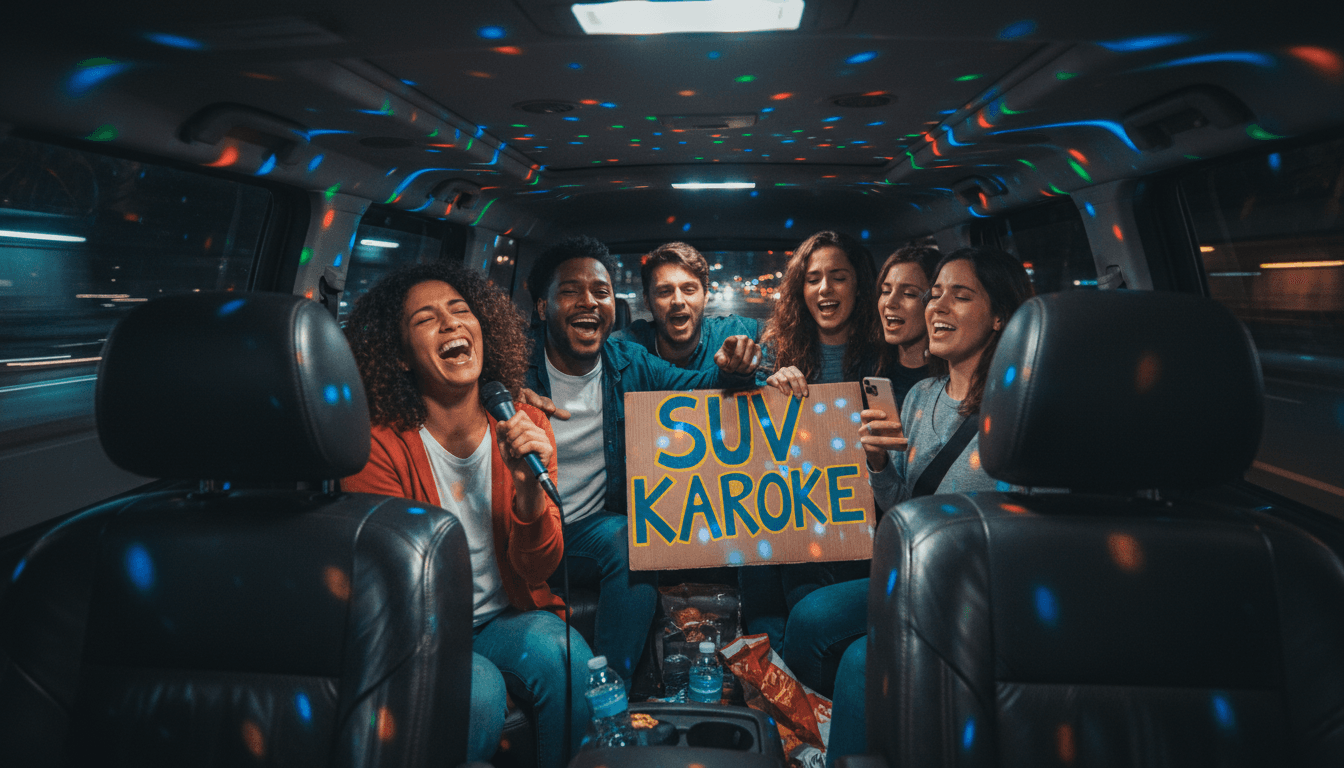 Group of friends singing karaoke inside an SUV with disco lights
