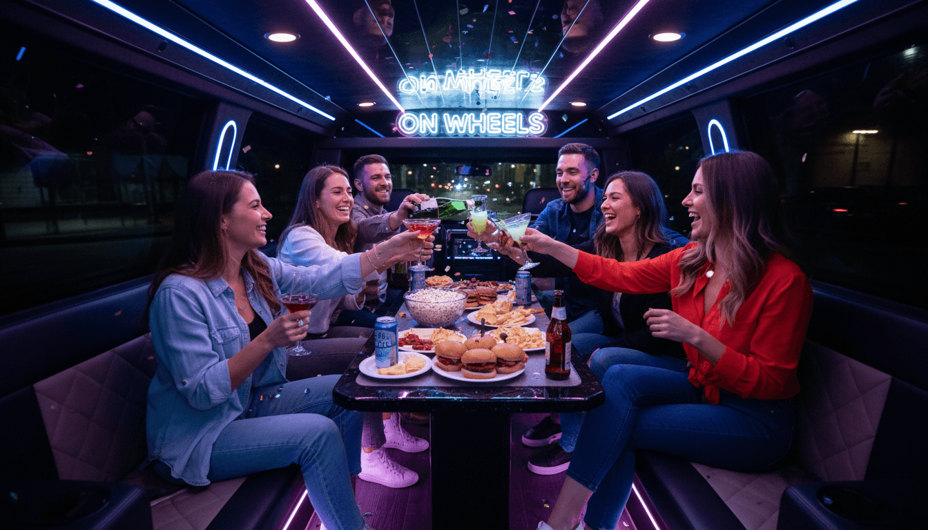 Group celebrating with drinks and snacks inside the SUV during a karaoke party ride