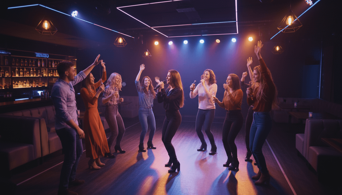 Friends singing karaoke into microphones in a party van with disco lights