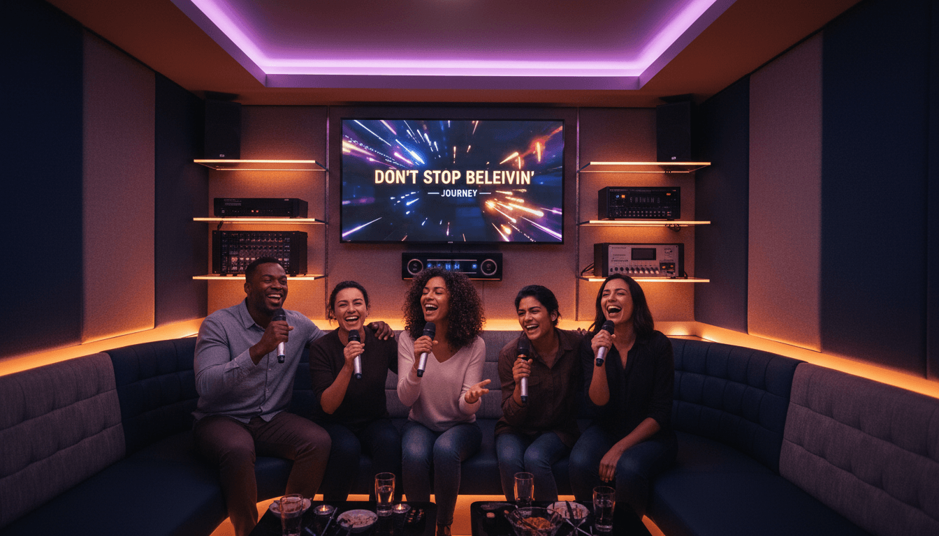 Group of friends singing karaoke with microphones inside an SUV with disco lights