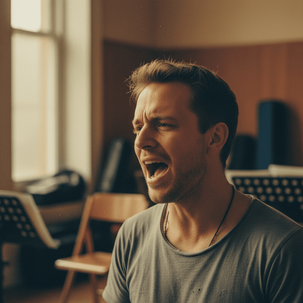 Passenger singing into a microphone with emotion inside a car