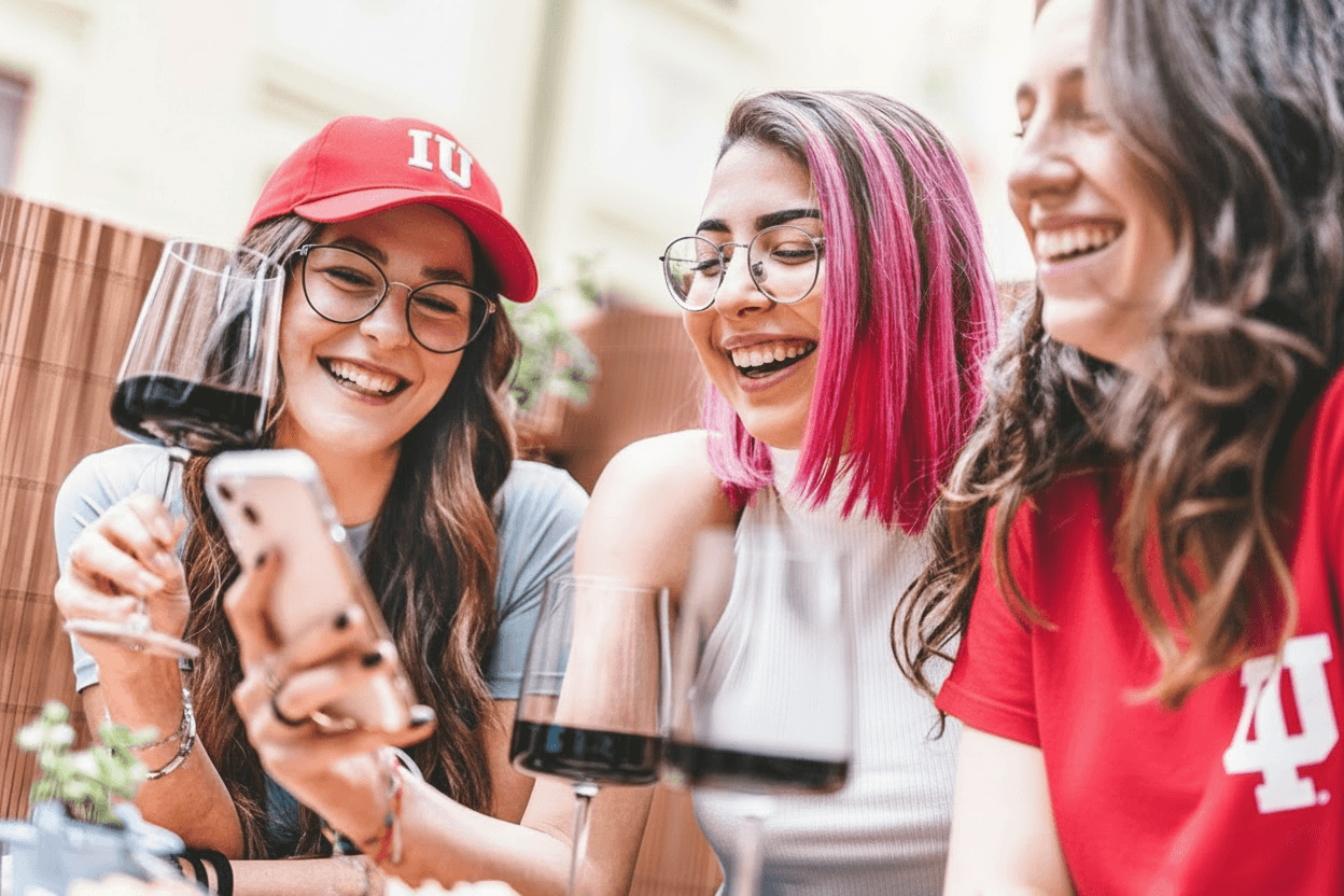 Three smiling young women looking at a smartphone while enjoying glasses of red wine.